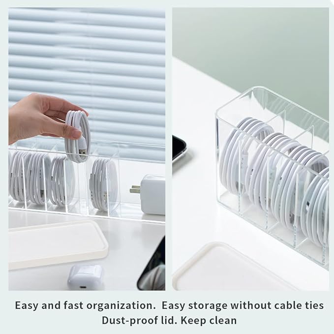 Charger Cable Cord Storage Organizer Box - 2 Pack With Lid - Easy Storage Without Cable Ties