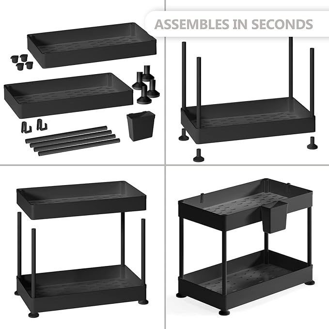 Under Sink Organizers and Storage | Bathroom Cabinet Organizer, Sink Shelf with Utility Hooks and Side Caddy for Under Cabinet Storage | Black (2-Pack) Non Slip Grip Under Kitchen Sink Organizer