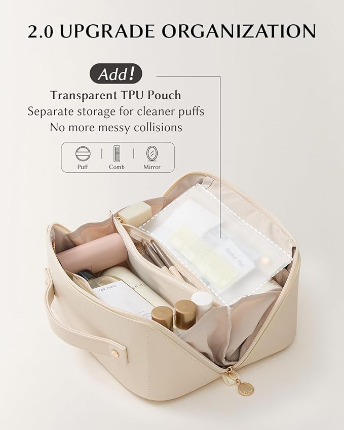 EACHY Travel Makeup Bag, Large Capacity Cosmetic Bag for Women, Waterproof PU Leather, Flat Open Portable Toiletry Bag for Skincare, Brushes & Travel Essentials