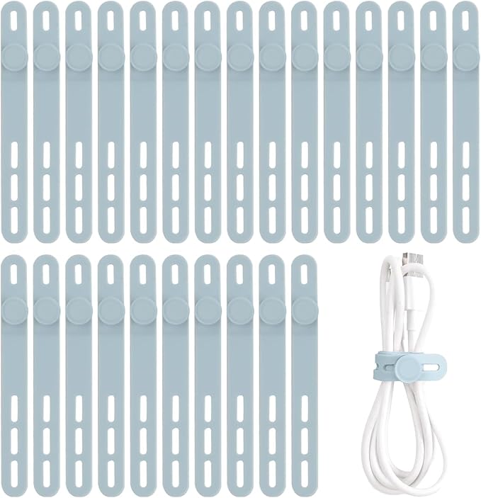 Oligei 25 Pcs Silicone Cable Ties, Cable Ties Reusable, High Elasticity Cord Wraps for Electrical Cords, Cord Organizer for Earphone, Phone Charger(Blue)
