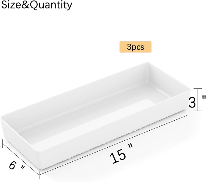 3 Pack White Large Size Plastic Drawer Organizer Tray Cutlery Utensil Makeups