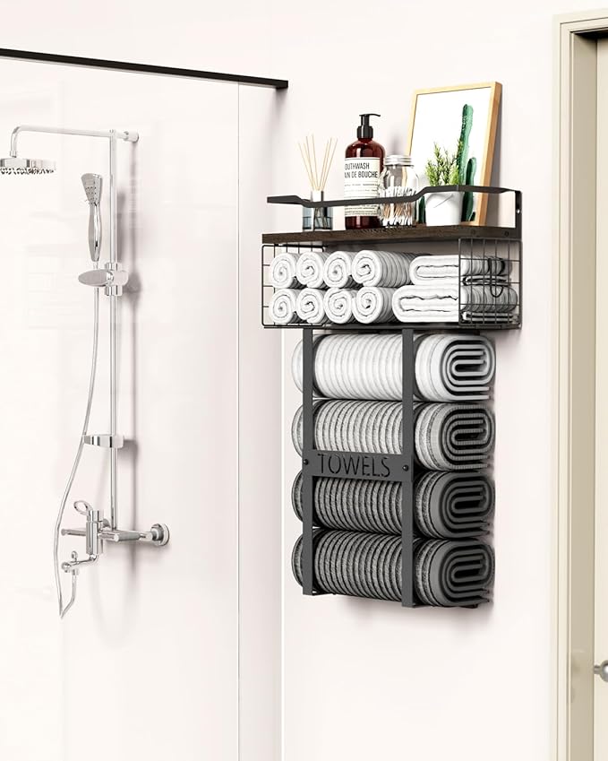 Rustic Brown Wood Vertical Towel Rack, Bath Wall Holder Set Above Toilet Storage