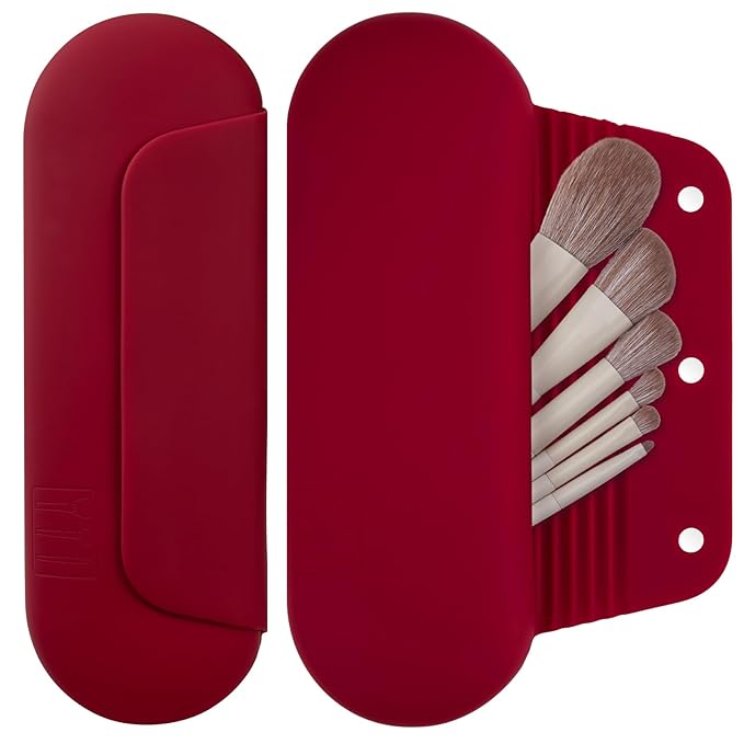 AGIKET Silicone Makeup Brush Holder Travel Cosmetic Bag：Soft Portable Cosmetic Face Brushes Holder with Upgrade Anti-Fall Out Magnetic Closure, Large Travel Makeup Brush Case - Red