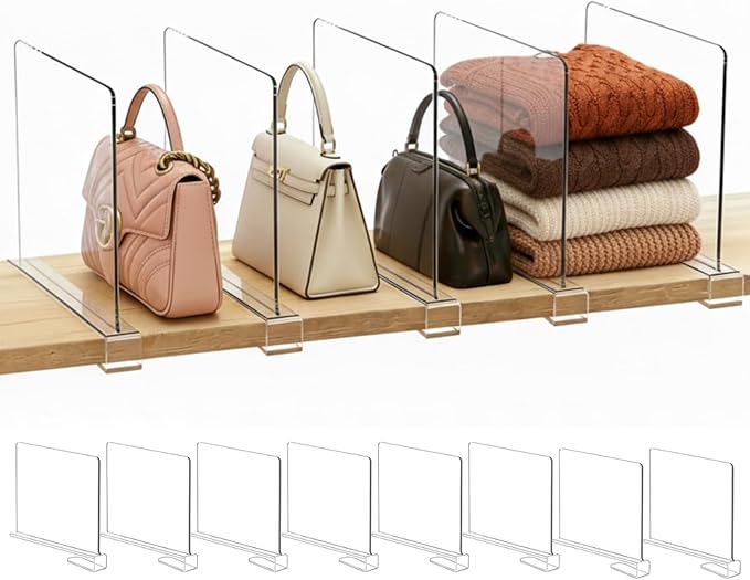 SortNStore Shelf Dividers Purse Organizer for Closet: 8-Pack Acrylic Bag Storage Organizer for Handbags, Clutches, Clothes, Sweater, Towel on Wood Shelves