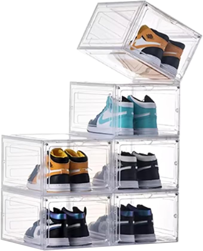 KEFA XL Shoe Storage Box, 6 Pack Clear Plastic Stackable Organizer, Fits US 15