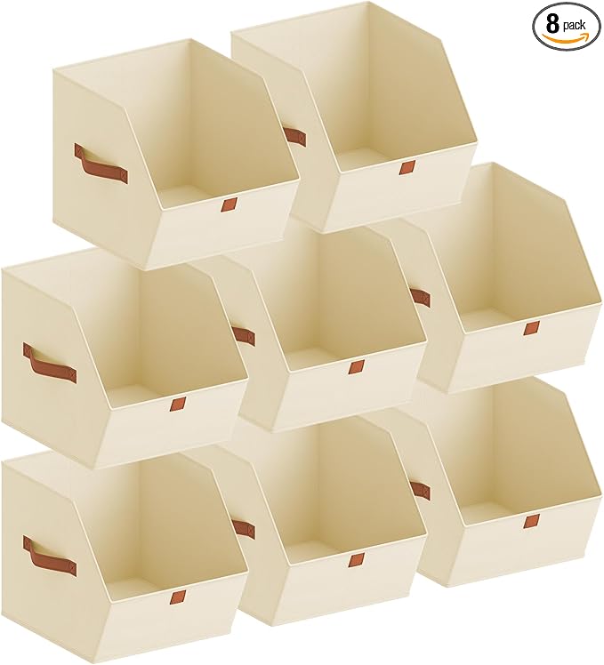 Homsorout Fabric Closet Storage Cubes - 8 Pack Square Storage Bins with Dual Handles for Clothes, Towels, Toys, Cube Storage Organizers for Bedroom, Nursery, Shelves, Closet, Small Spaces, Light Beige