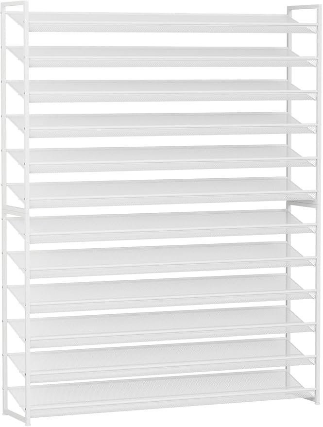 Large Shoe Rack 12 Tier Shoe Organizer, Heavy Duty Metal 6-Tier Stackable Shoe Storage Vertical Shoe Rack for Closet Front Door Entrance, Up to 75 Pairs, 44.8" W x 11.4" D x 85.1" H, White