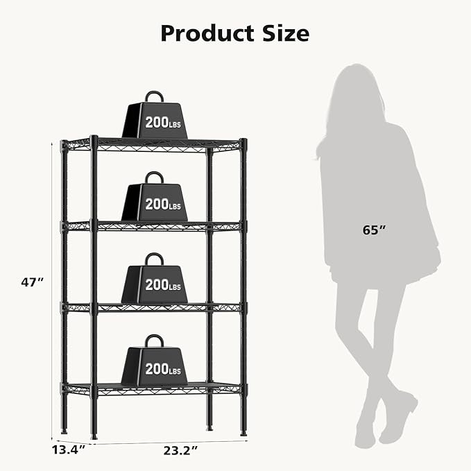 DUMOS 4-Tier Metal Wire Storage Shelves, Adjustable Standing Storage Rack Shelf, Heavy Duty Steel Shelving Unit Organizers for Kitchen Bathroom Pantry Garage, 23.2" W×13.4" D×47.1" H, Black
