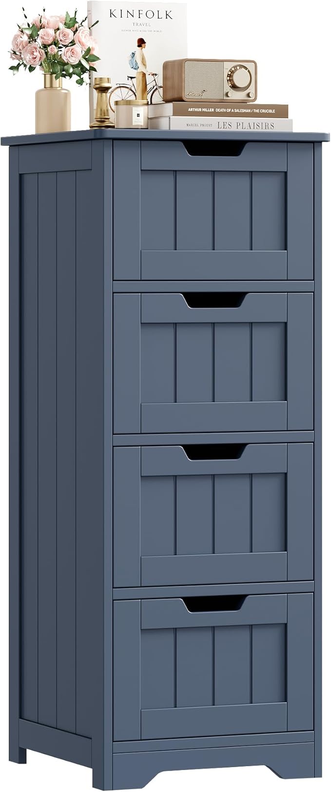 FOTOSOK Bathroom Storage Cabinet, Bathroom Cabinet with 4 Drawers, 11.8” x 11.8” x 32.5” Freestanding Entryway Cupboard Storage Organizer Unit Home Furniture Decor, Blue