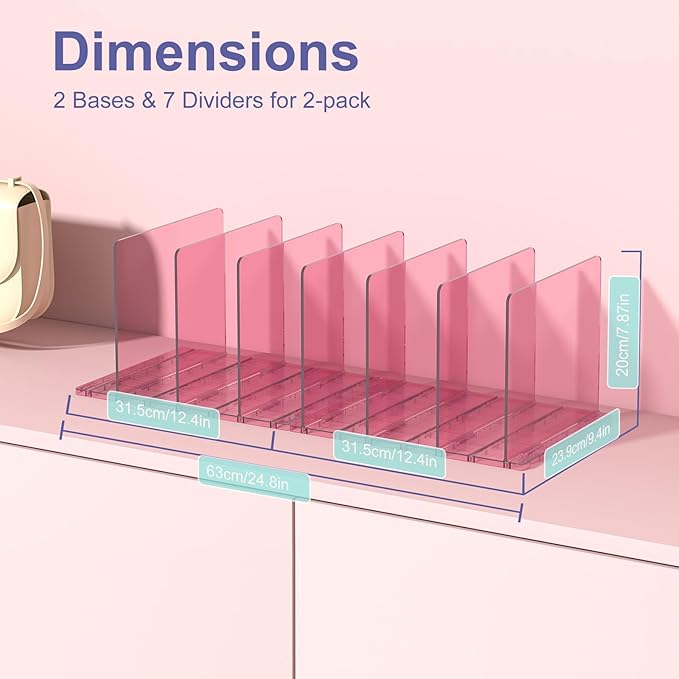 SortNStore Purse Organizer for Closet: Shelf Dividers Adjustable Acrylic Bag Closet Organizers and Storage Pink 4 Bases 14 Shelves