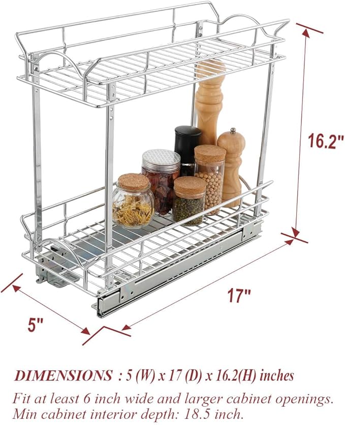 Slide Out Cabinet Organizer for Narrow Cabinet (5" W X 17" D)