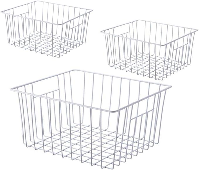 Upright Freezer Organizer Bins， Freezer Baskets for 14, 15 cu.ft Standup Freezer, Wire Storage Bins with Built-in Handles for Frozen Foods, Snacks, Vegetables, Fruits and More, 3Pcs , White