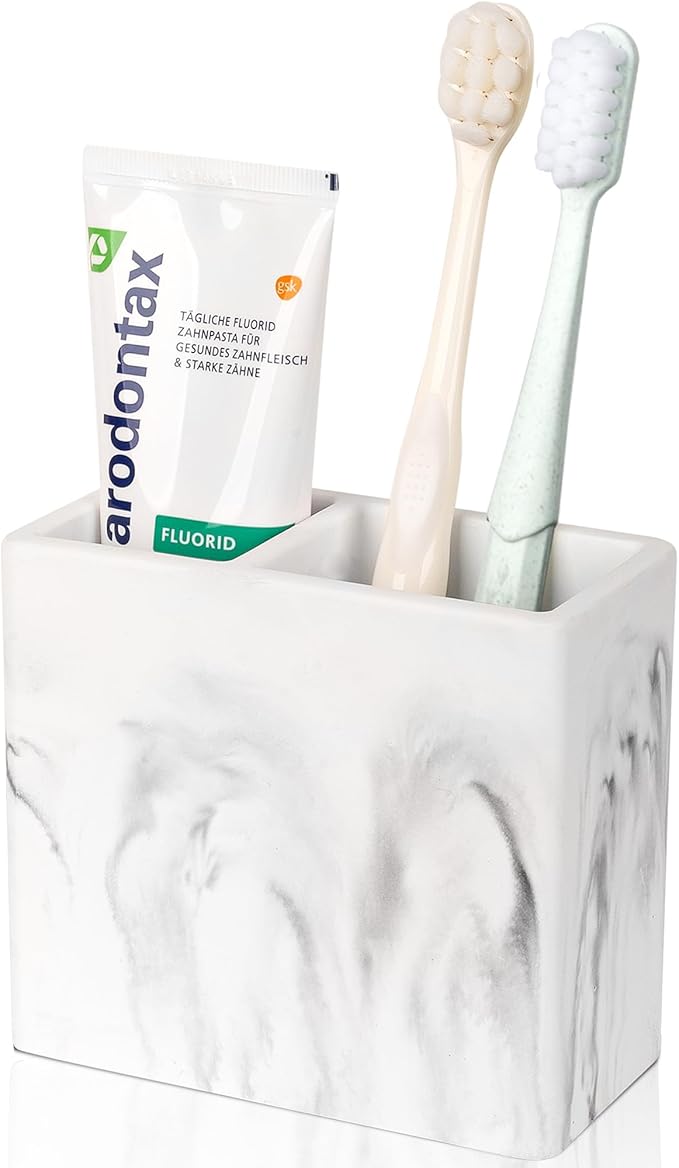 Diatomite Toothbrush Holder 2 Slots Tooth Brush Holder for Bathroom, Kids Electric Toothbrush and Toothpaste Organizer for Countertop, Shower, Vanity, Marble White