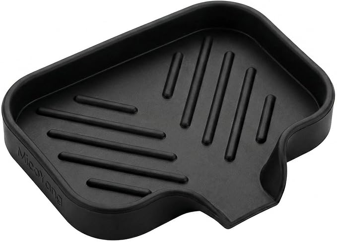 MicoYang Silicone Soap Dish with Drain Spout — Self-Draining Sink Organizer Tray for Bathroom & Kitchen, Holds Bar Soap, Sponges & Dispensers, Non-Slip & Dishwasher Safe, Black (Small, 4.9"×3.2")