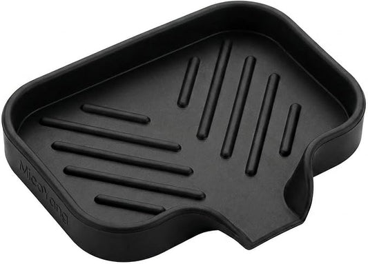 MicoYang Silicone Soap Dish with Drain Spout — Self-Draining Sink Organizer Tray for Bathroom & Kitchen, Holds Bar Soap, Sponges & Dispensers, Non-Slip & Dishwasher Safe, Black (Small, 4.9"×3.2")