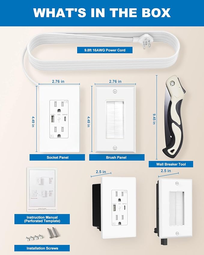 in-Wall Cable Management Kit with Recessed Outlet Box, Dual Outlet Extender with 4.2A Type C/A USB Ports, 9.8ft Extension Cord, Easy Install w/Drywall Saw, UL Listed, TR Safe Outlet Relocation Kit