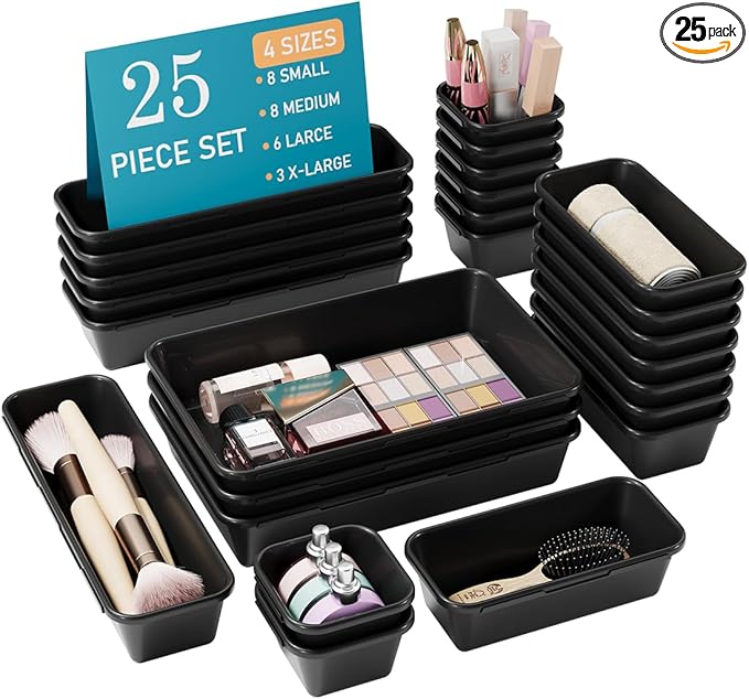 Kutesna 25 PCS Black Drawer Organizer Set, 4 Size Interlocking Plastic Storage Bins for Office Supplies, Jewelry Makeup Vanity, Bathroom Kitchen, Home Organization Closet, Gadgets Small Items
