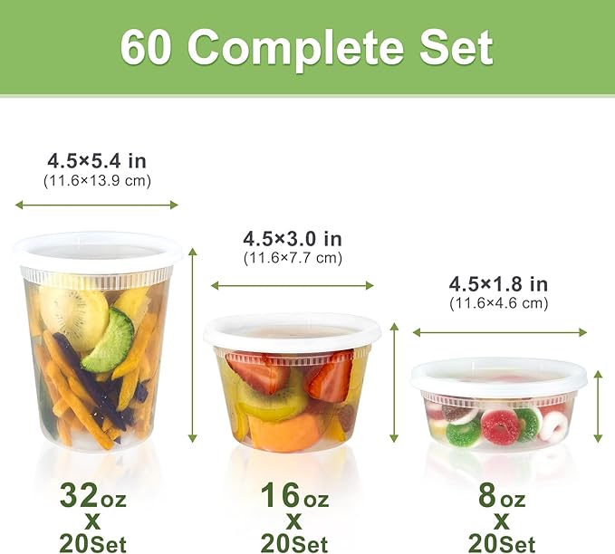 Dipoo 60 Sets (120-Piece) Deli Containers with Lids, 32/16/8 oz X 20 Set Each, Leak-Proof & BPA Free Airtight Takeout Plastic Food Storage Containers for Soup, Freezer/Microwave/Dishwasher Safe