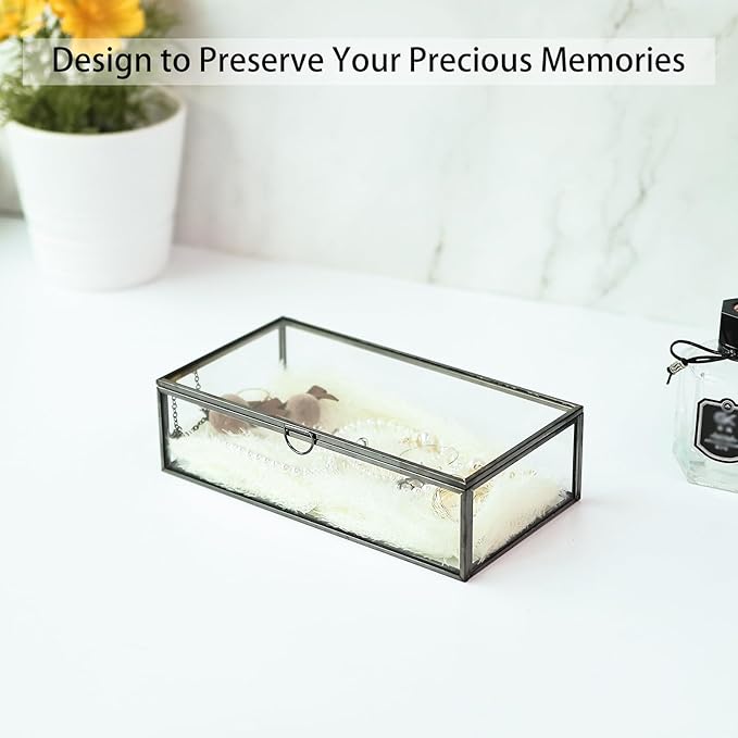HighFree Vintage Glass Box with Lid - Clear Jewelry Glass Display Box Keepsake Box - Home Decor Decorative Box for Trinket Rings Bracelet (Black, Medium)