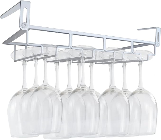 Adjustable Under Cabinet Stemware Holder - Metal Wine Glass Hanger Organizer for Kitchen, Bar, Shelf - Rustproof Hanging Storage Rack for 6-8 Glasses - Space Saving Decor (White, 4 Rows)