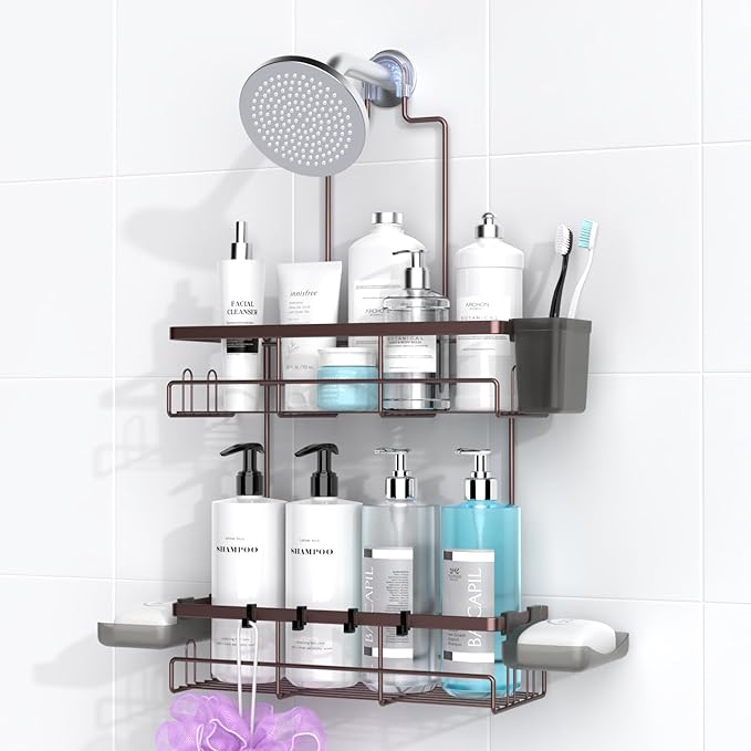 AKTECKE Shower Caddy Hanging Bathroom Organizer: Rustproof Shelf for Inside Shower - No Drilling, Over Showerhead - Bath Shelves for Shampoo, Soap - Bronze