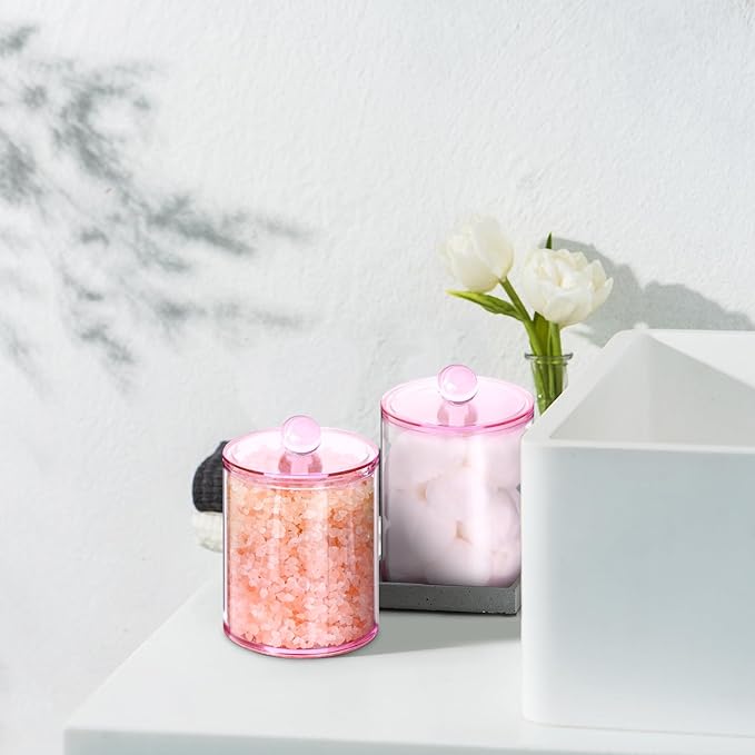 XIPENGKEJI 4 Pack Qtip Holder,Canister Apothecary Jar Set, Bathroom Jars with Lids Set for Cotton Swabs, Balls, Pads, Floss Picks,10oz-12oz Plastic Canisters Restroom Bedroom Vanity Organizer(Pink)