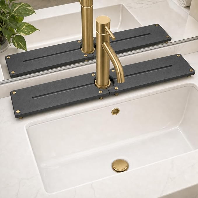 Stone Faucet Mat for Kitchen Sink, Water Absorbing Sink Tray Organizer for Bathroom Counter, Diatomite Soap Dish Coaster Caddy Riser, Sponge Holder Dispenser Mat, Gold Dark Gray, 23.6" x 4"