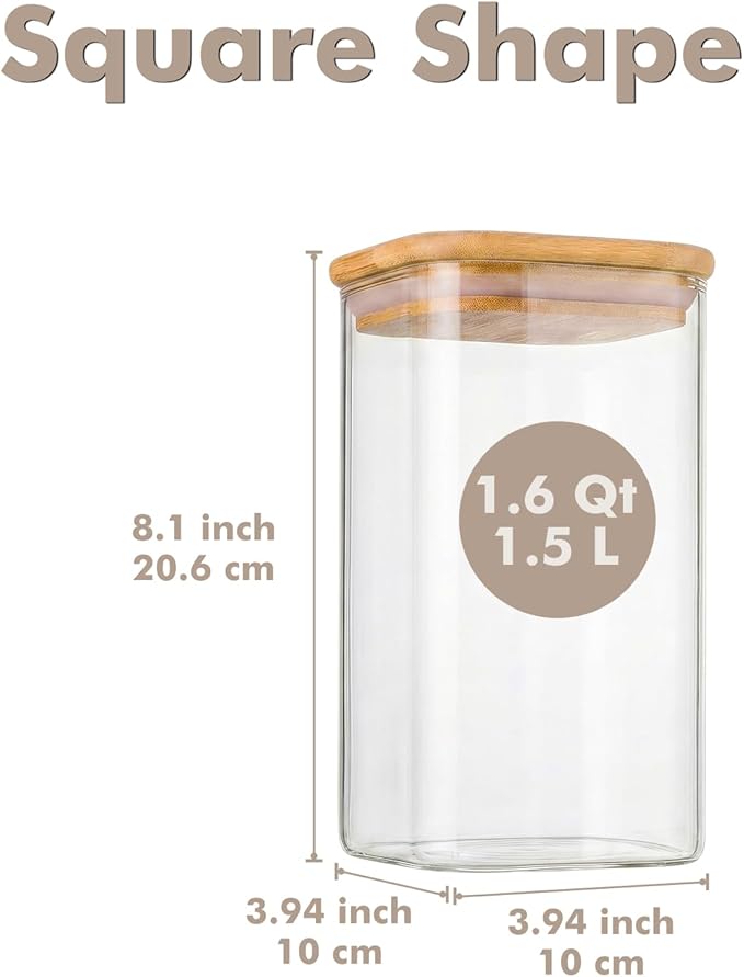 3-Pack 1.6Qt Square Glass Storage Jars with Bamboo Lids, Pantry Storage Containers for Neat Organization, Ideal for Minimalist Kitchen Organizer, Nut, Coffee Beans, Oats, Cookie, Candy, Flour