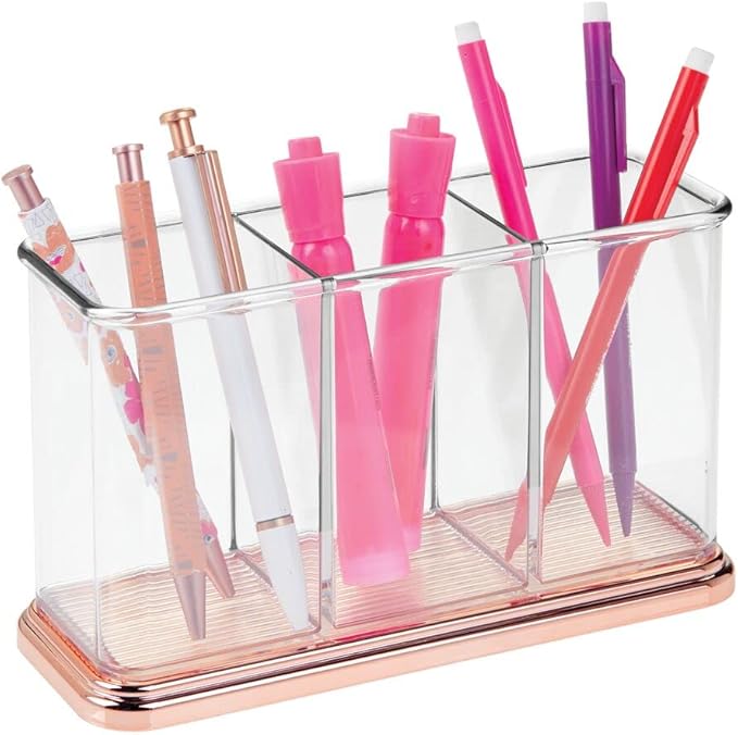 mDesign Plastic Organizer Cup Holder, Divided Storage Organizer for Desks, Office, Tables, Workspaces - Stores Pen, Pencils, Markers, Scissors - 3 Sections - Clear/Rose Gold