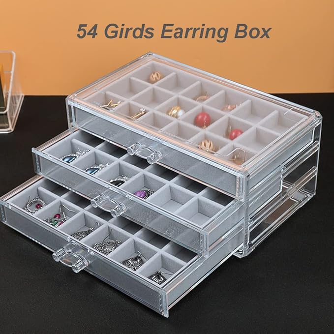 YUFONG Earring Organizer Box Acrylic Jewelry Organizer with 3 Drawers 54 Adjustable Grids Clear Stackable Earring Holder Velvet Trays Ring Display Case for Women Girls (Gray)