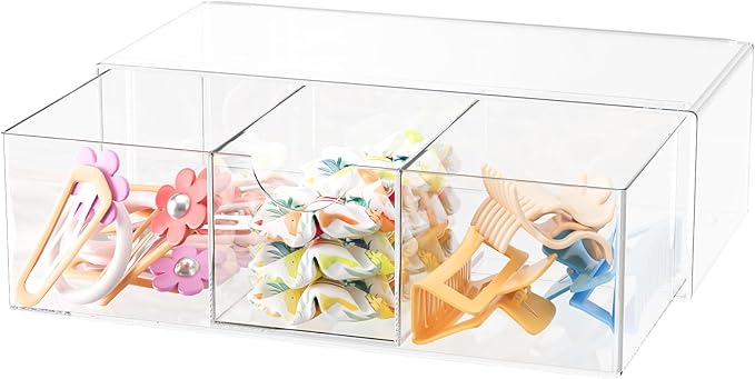 Hair Accessories Organizer for Girls, Clear Hair Bow Tie Clip Scrunchie Holder Organizer with Removable Divider, Cute Small Stackable Storage Drawer Container Caddy Box, Kids Women Vanity Accessories
