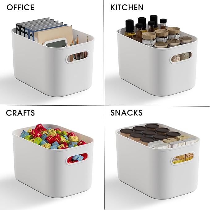ORGIDOL 12 Pack White Plastic Storage Bins, Storage Container for Organizing, Storage Boxes with Handle for Shelves, Cute Organizer Bins for Craft, Snacks, Pantry, Cabinet, 9.69x6.7x5.7 inch