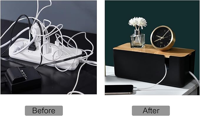 Changsuo Cable Management Box with Bamboo Lid Small Cable Organizer Box for Extension Cord Power Stripe Surge Protector Wire Management Concealer Organizer Cover Hider (Black)
