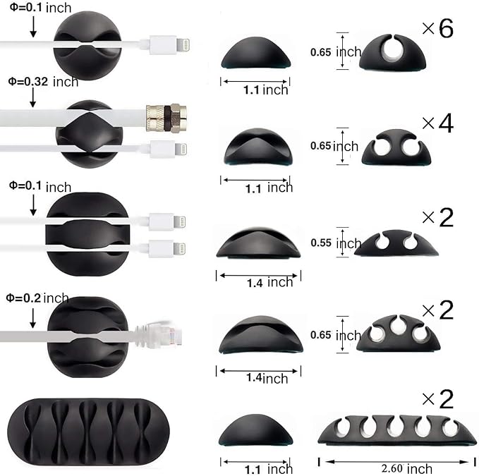 OHill 16-Pack Black Cord Organizer - Adhesive Cable Clips Holder for Desk, Wall, Car - Wire Management Clips for iPhone Charger, USB, Computer Cables -Cord Keepers with Strong Sticky Backing