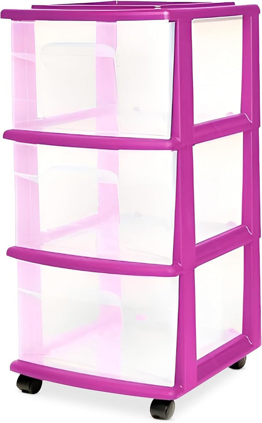 Drawer Tower, 3-Tier Clear Plastic Storage Organizer Cart, Purple Frame