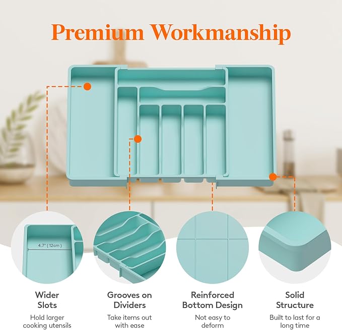 Utensil Organizer for Kitchen Drawer, Turquoise