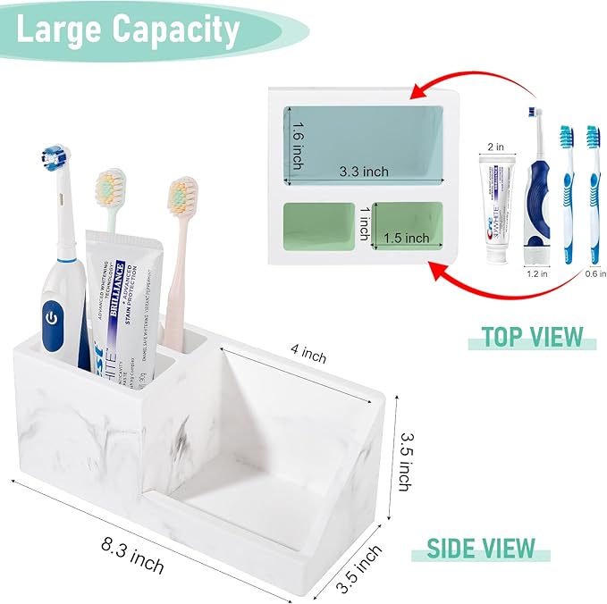 Diatomite Toothbrush Holders for Bathrooms, Quick Dry Electric Tooth Brush and Toothpaste Organizer Bathroom Accessories for Countertop, Vanity, Sink - Marble White
