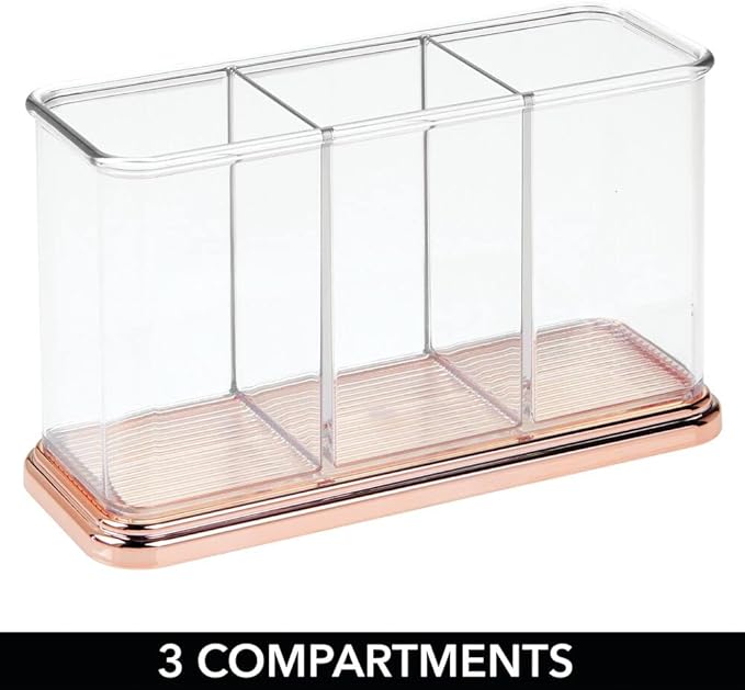 mDesign Plastic Organizer Cup Holder, Divided Storage Organizer for Desks, Office, Tables, Workspaces - Stores Pen, Pencils, Markers, Scissors - 3 Sections - Clear/Rose Gold