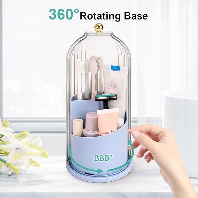 QIYVLOS Toothbrush Holders with Sliding Lid, Rotating 3 Slots Bathroom Organizer Countertop, Tooth Brush Toothpaste Holder Bathroom Counter Stand Sink Organizer Caddy for Makeup Brushes Holder (Blue)