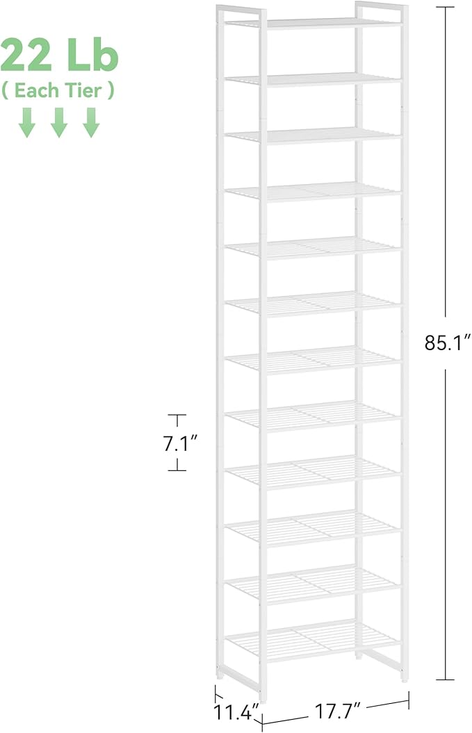 Nunsino Narrow Shoe Rack, 12-Tier Metal Shoe Organizer,Tall Shoe Shelf with Anti-Tip Strap, Max Holds 24 Pairs,Space Saving for Closet,Entryway,White