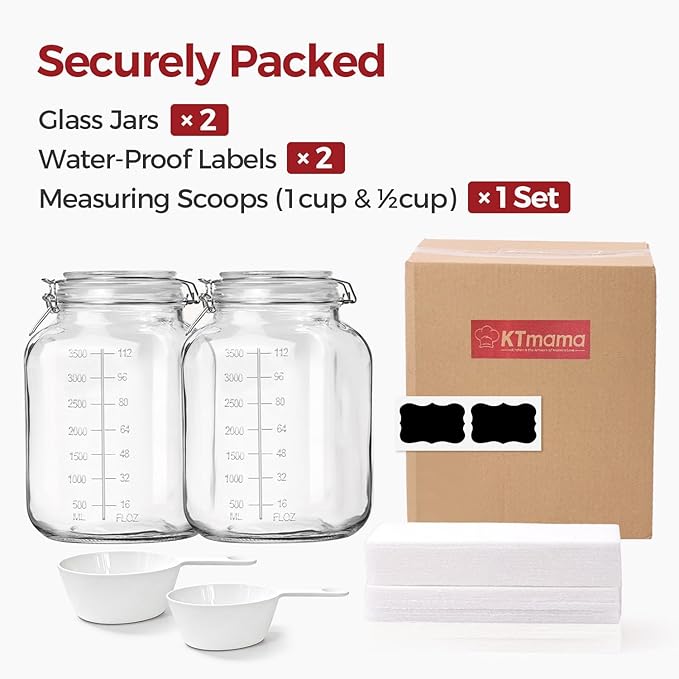 1.1 Gallon Wide Mouth Glass Canisters with Airtight Lids & Measurement Marks (2-Pack) – Includes 2 Measuring Scoops & Labels, Food Storage Jars for Flour, Sugar & Baking Supplies | BPA-Free