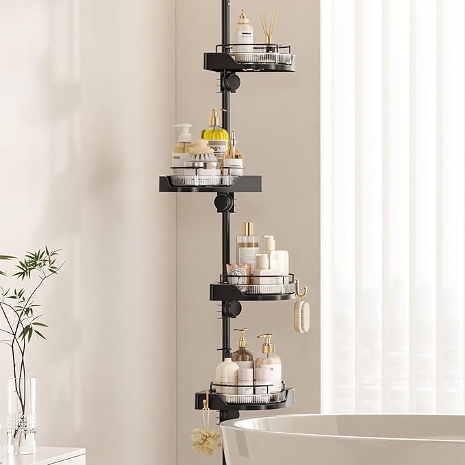 akinbas Shower Caddy Tension Pole with 4 Lazy Susan Organizer 360 Rotating 35-128 Inch No Drilling Floor Standing Shelves Adjustable Shower Rack for Bathroom Corner (Black)