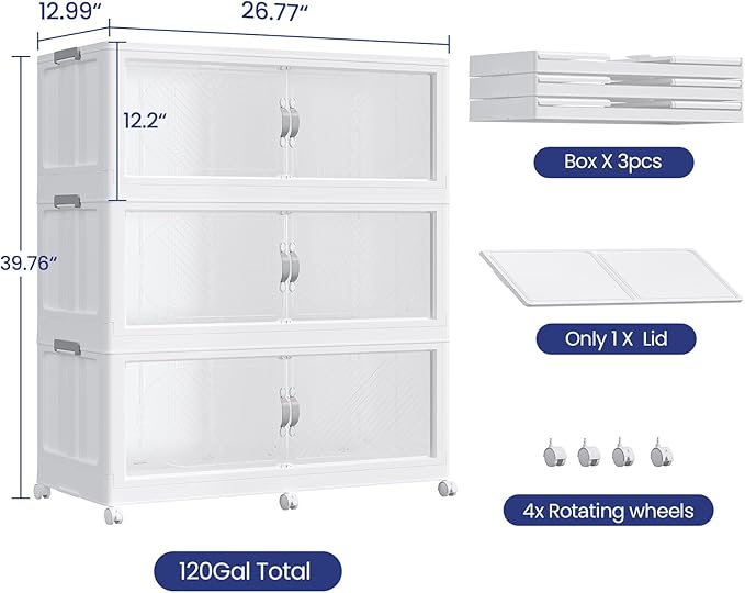 90Gal/360QT 3-Tiers Extra Large Stackable Storage Bins with Lid