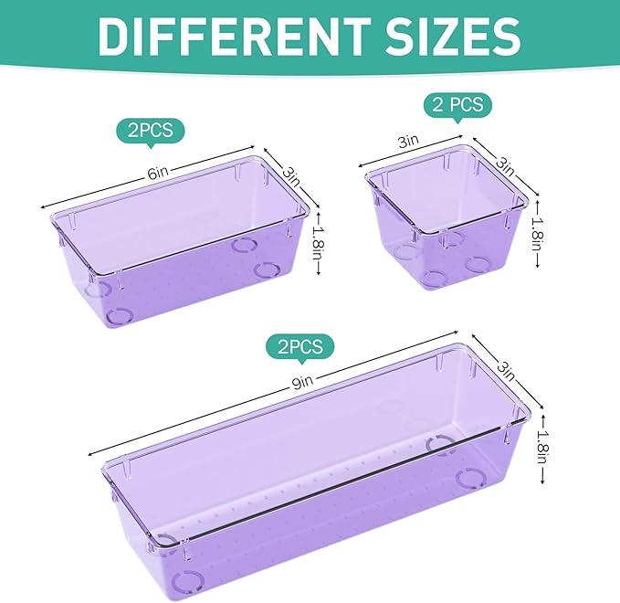 6 Pack Clear Drawer Organizer Set, Acrylic Drawer Storage Trays, Purple