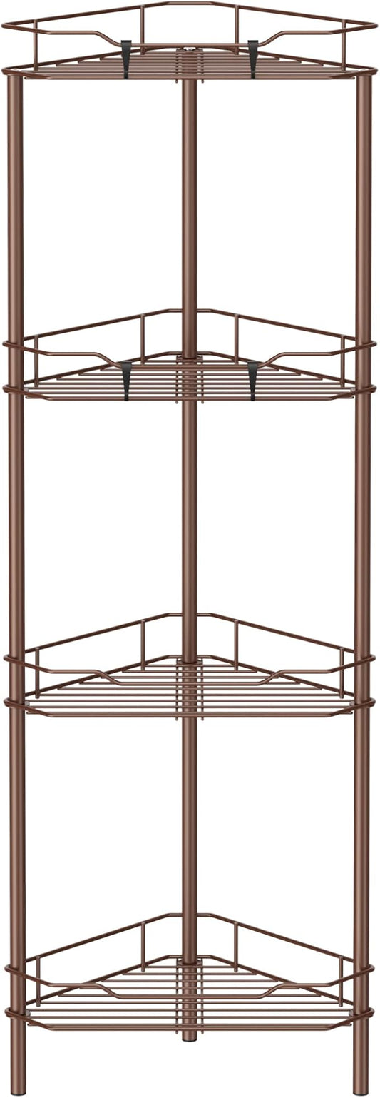 4 Tier Floor Standing Corner Shower Caddy Organizer Shelf with Hooks, Coffee