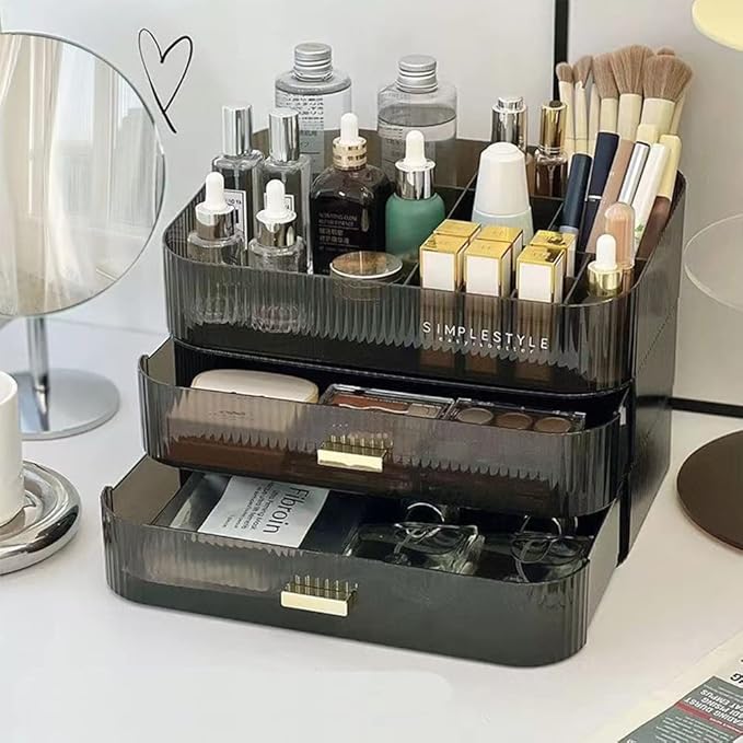 Makeup Organizer with Stackable Drawers, Bathroom Vanity Organizers and Storage, Ideal for Desk and Dresser Countertops, Great for Cosmetics, skincare, Lipsticks, Nail Care -Black