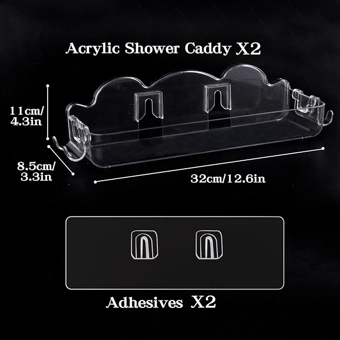 2 Pack Acrylic Shower Caddy No Drilling Adhesive Shower Shelves with 4 Removable