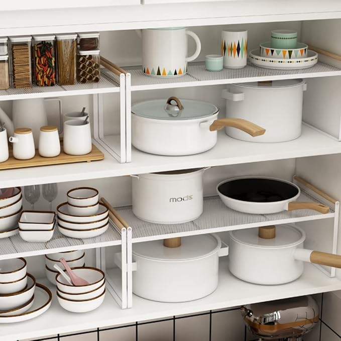 2 Pack Stackable Cabinet Shelf Organizer - Heavy-Duty Coated Metal Storage Rack, Non-Slip Space-Saving for Kitchen Pantry, Under Sink, Cupboard, Countertop (Mesh White)