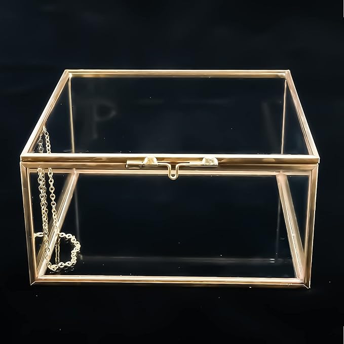 HighFree Vintage Glass Box with Lid - Clear Jewelry Glass Display Box Keepsake Box - Home Decor Decorative Box for Trinket Rings Bracelet (Gold, Small)