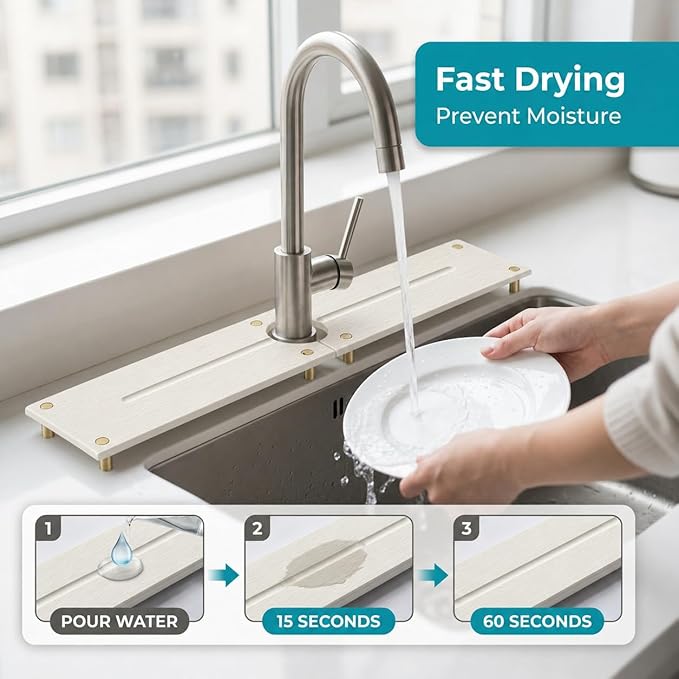 Stone Faucet Mat for Kitchen Sink, Gold White 23.6" x 4"